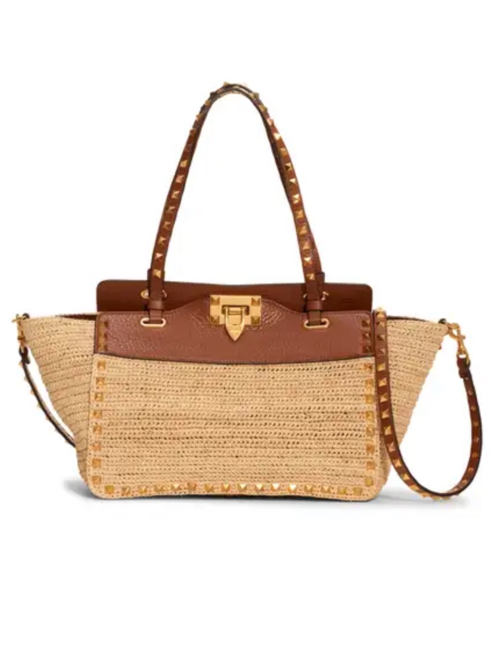 Valentino Garavani Small Rockstud Raffia & Leather Tote with Crossbody Strap